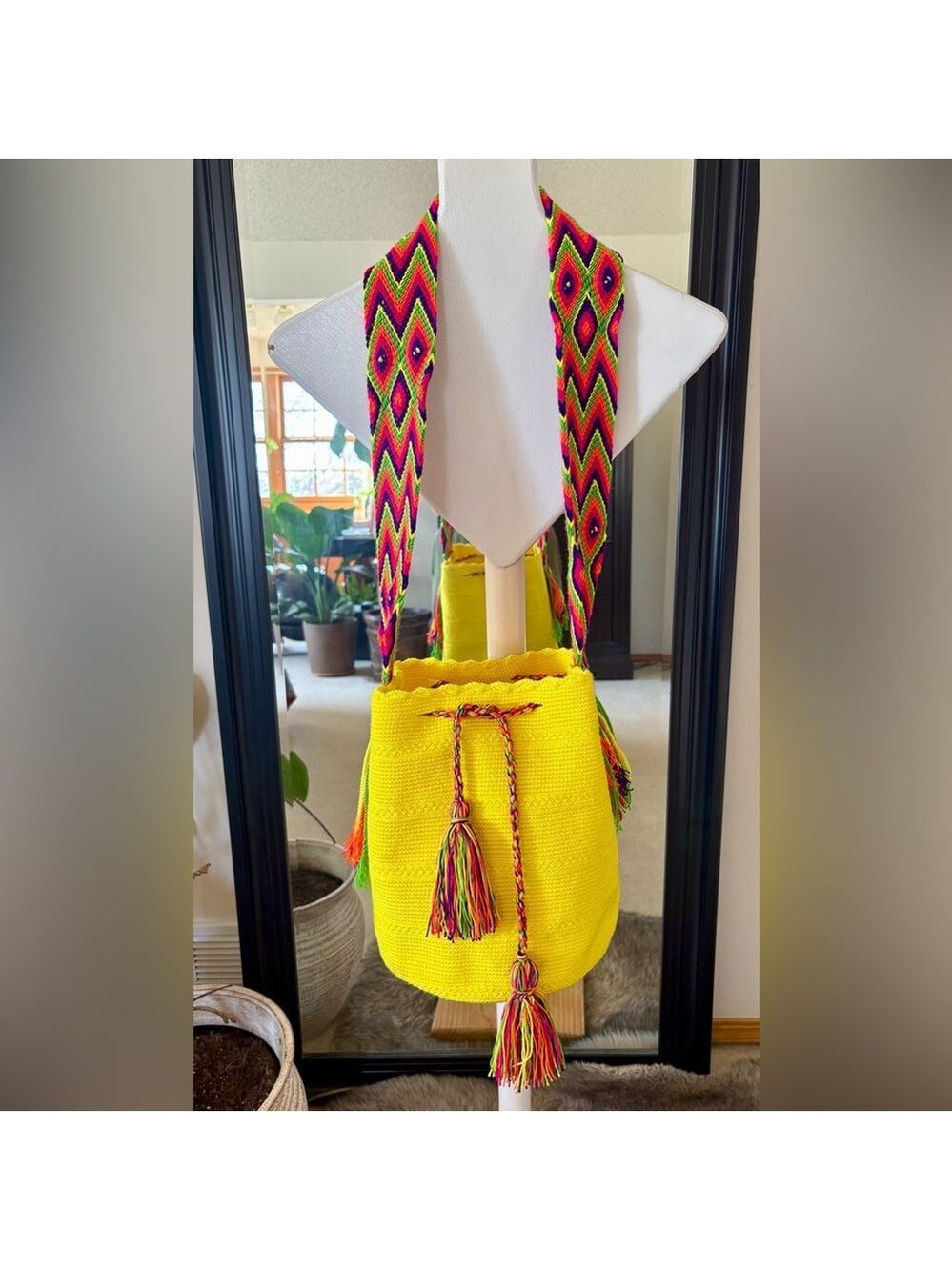WAYUU MOCHILA Yellow Handmade Crochet Crossbody Bucket Bag